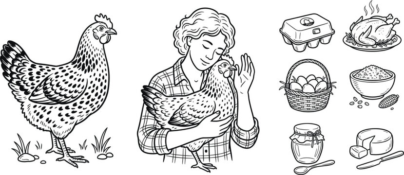 Farm Chicken Line Art Set With Woman Holding Hen And Eggs