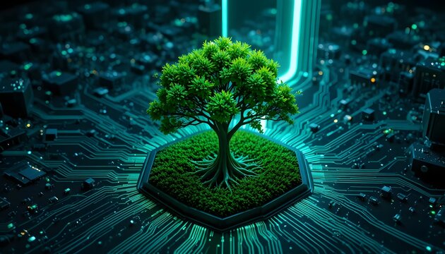 green technology growing tree from center of motherboard circuit board eco friendly technology concept
