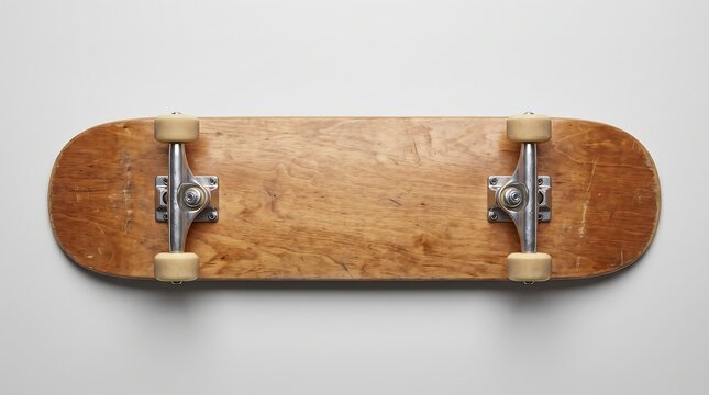Vintage wooden skateboard with metal trucks and wheels, classic maple deck skate board on white background, retro urban sports equipment