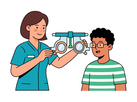 Optometrist using phoropter equipment to check eyesight for young male patient during professional routine vision test exam.