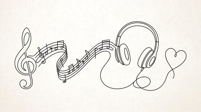Minimalist continuous line drawing of headphones with musical notes, elegant music staff and heart shape illustration, artistic audio concept