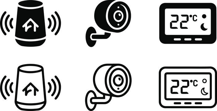 Smart home devices set including hub, camera and thermostat icons