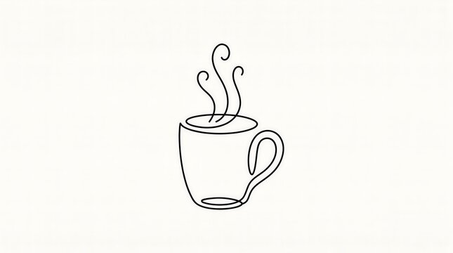 Minimalist coffee cup line art illustration, continuous line drawing of steaming hot beverage, simple black ink cafe mug sketch on white background