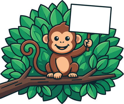 Cute cartoon monkey sitting on tree branch holding a blank white sign in front of green leaves