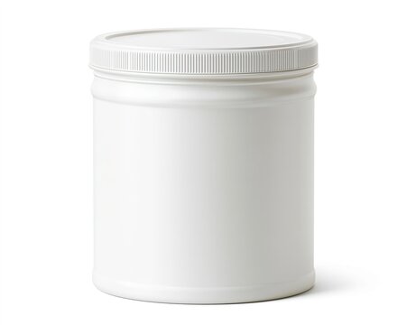 White plastic jar with screw-on lid, cylindrical shape, no label or contents visible.