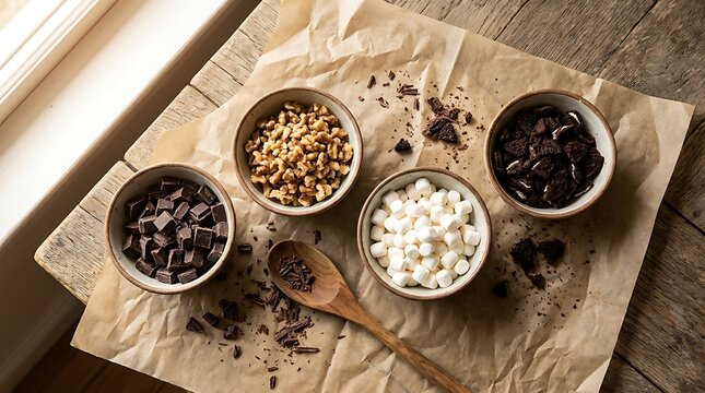 Bowls of dark chocolate chips chopped nuts and white mini marshmallows on rustic wooden table. homemade dessert mixins