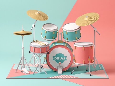 Minimalist paper craft drum kit illustration with pastel pink and turquoise colors for music