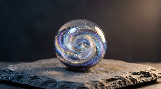 Shiny galaxy glass sphere on a black stone surface