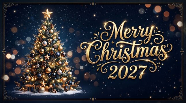 Decorated Christmas tree surrounded by gifts with golden typography reading "Merry Christmas 2027" on a dark blue bokeh background.