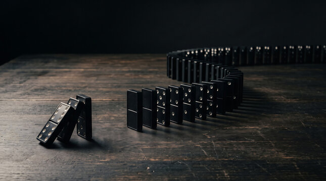 Domino effect photo showing black dominoes falling on a wooden table in a chain reaction concept business strategy risk line impact success failure consequence trigger management planning challenge