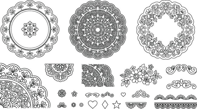 Vintage lace doily and crochet mandala vector set with ornamental circle frames corners dividers and borders design elements