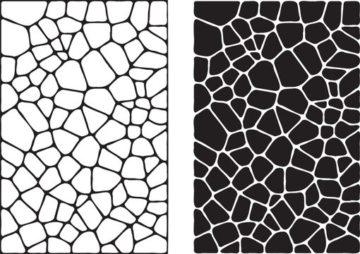 Minimalist vector graphic illustration showing split panels of repeating geometric cobblestone patterns in contrasting black and white stark bold colors