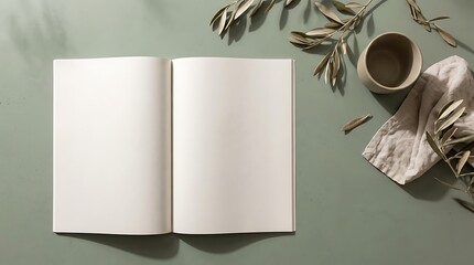 Fototapeta premium Open blank book with coffee cup and olive branches on a flat table for creative writing concept. editorial spread mockup
