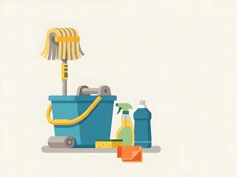 Flat vector illustration of household cleaning supplies featuring a blue bucket, yellow mop, spray bottle, liquid detergent, cleaning sponge, and cloth isolated on a light background.