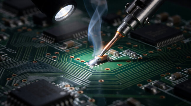 Circuit board photo showing precision electronics repair with a soldering iron, hot solder, rising smoke, and microchip components on a green printed circuit board illuminated by a miniature flashligh