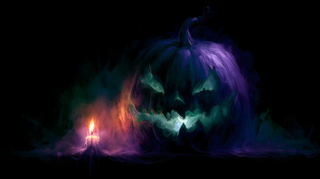 Halloween wallpaper, carved jack-o-lantern glowing in the dark by a flickering candle glow, deep midnight darkness, purple and green color palette, dark fantasy art style, rich moody textures
