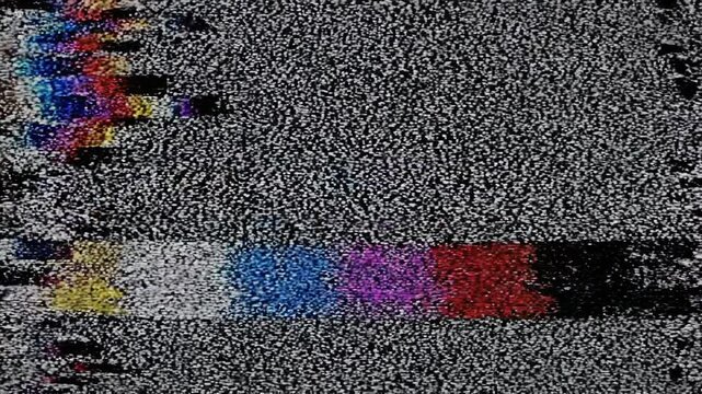 Television static and color bars glitching with digital interference during broadcast interruption