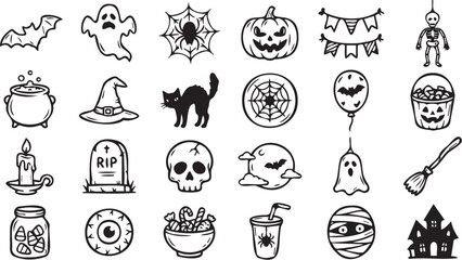 Fototapeta premium Halloween collection of hand drawn vector icons featuring spooky ghosts pumpkins skulls and decorative items for festive holiday graphic design