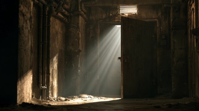 Interior of a Dimly Lit Underground Bunker with Light Rays Streaming Through an Open Door