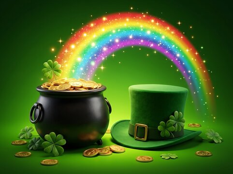 Lucky st patricks day pot of gold coins with leprechaun hat and vibrant rainbow background