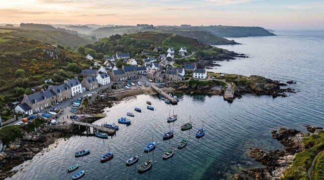 Idyllic coastal village with boats moored in a harbor at sunrise, Brittany France