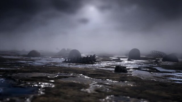 Slide shot of foggy night ground with human bones