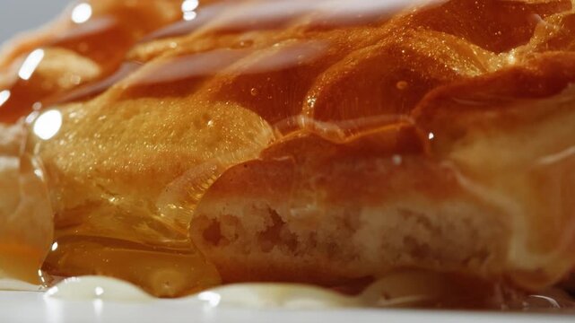 Freshly baked traditional Belgian waffles with honey pouring