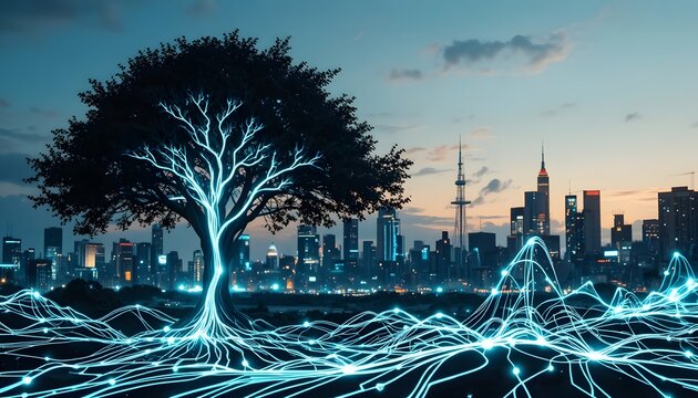 glowing blue neon data network tree with fiber optic roots spreading against modern city skyline night background