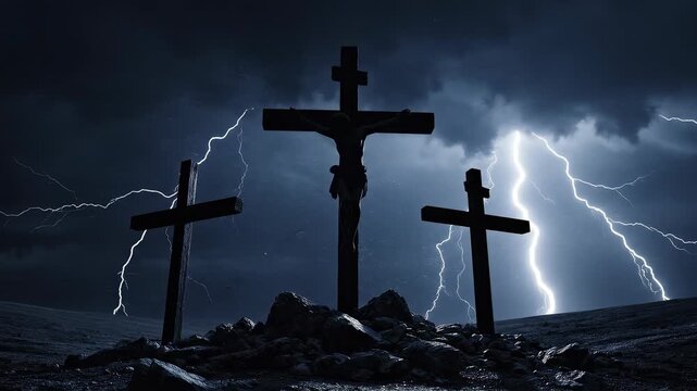 Three crosses on a hill during a powerful thunderstorm with dramatic lightning strikes illuminating the sky