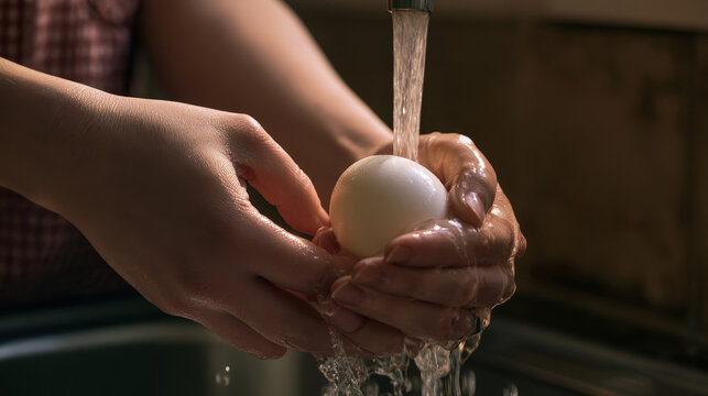 Home Cooks Hands Peeling a Hard-boiled Egg Under Tap Water, High-end Commercial Photography, Soft Diffused Morning Light, Clean Negative Space
