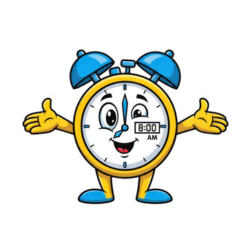 Happy cartoon clock character with blue bow tie