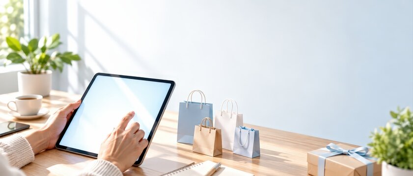 Woman using tablet with blank screen mockup beside shopping bags on wooden desk