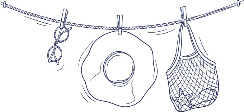 Summer Beach Accessories Hanging On Clothesline Line Art Illustration