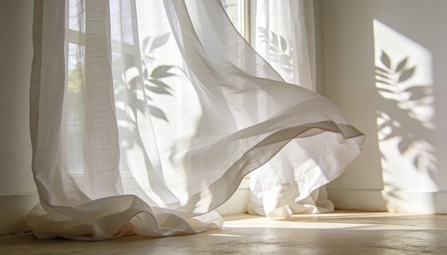 Billowing white sheer curtain drifting in sunlit room corner, showing window frame and leaf shadows