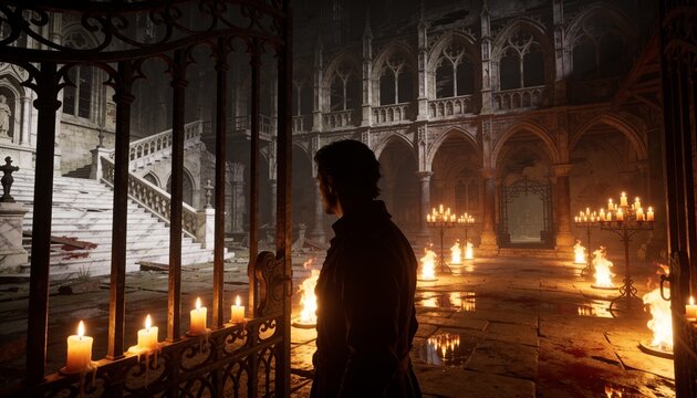 Standing man in dark coat peering into Gothic nave through wrought-iron gate, candles burning