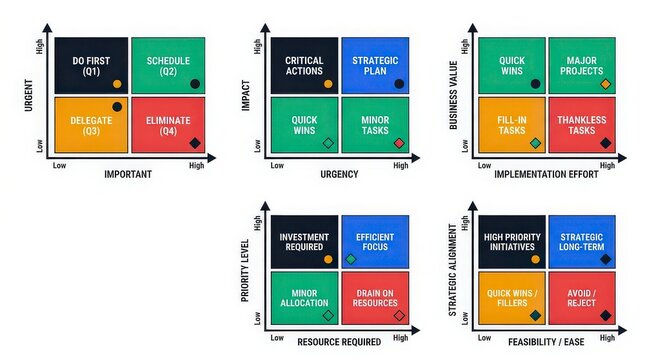 Set of five colorful four quadrant matrix charts for business analysis and strategic planning data visualization