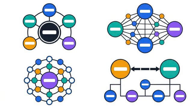 Set of four different network topology diagrams showing various connection styles and organizational structures for business communication