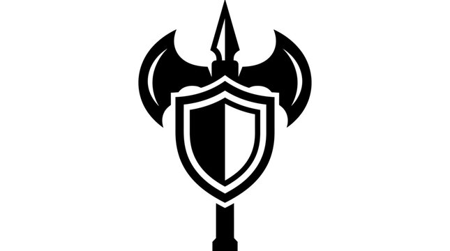 Medieval battle axe and shield emblem, black and white heraldic halberd vector icon, warrior weapon and protection symbol for gaming logos