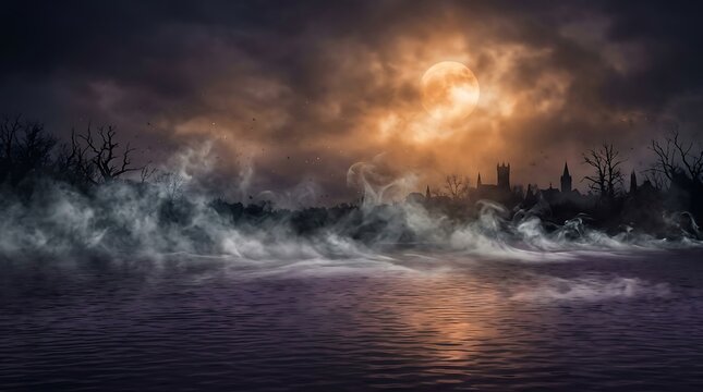 Eerie dark landscape featuring an ancient gothic castle silhouette under a glowing harvest moon with thick rolling fog drifting across a mysterious deep purple reflective lake