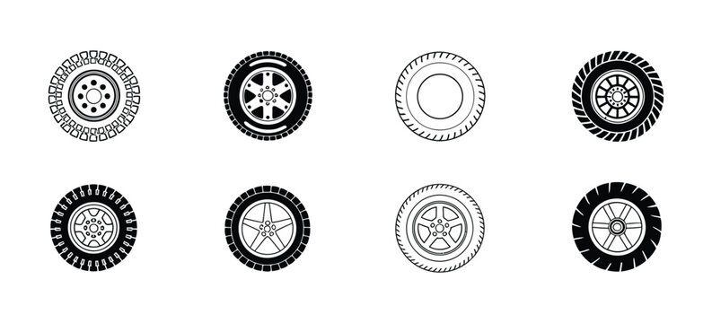 Wheel Tires Icon Set, black outline and flat car wheel symbols for automotive, transportation, vehicle repair, tire service, and maintenance