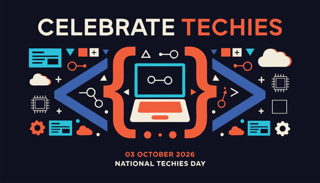 Colorful digital poster celebrating national techies day with coding icons