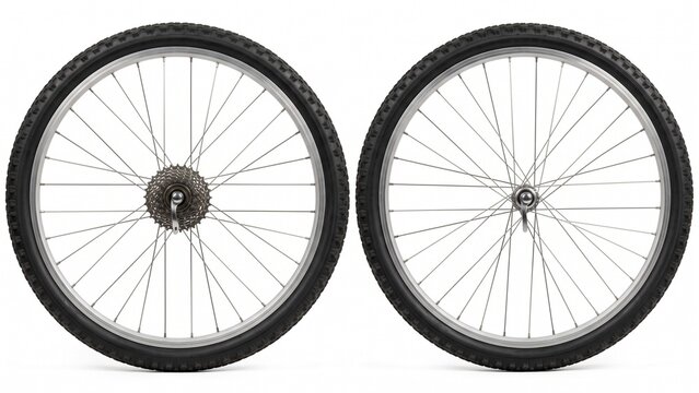 Pair of metal bicycle wheels with black rubber tires isolated inside a studio on white background