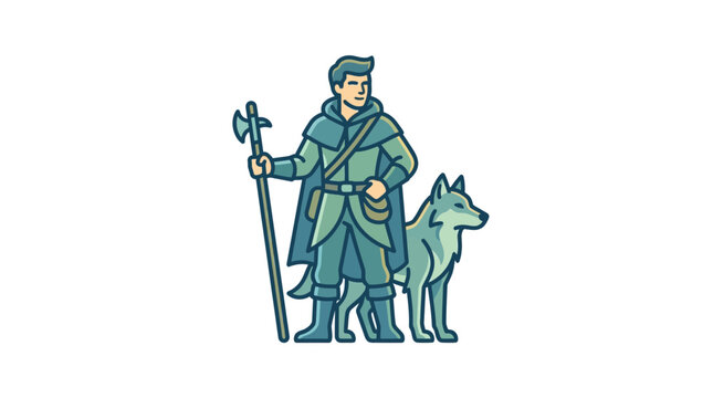 Illustration of a fantasy ranger holding a halberd standing with a loyal wolf companion.