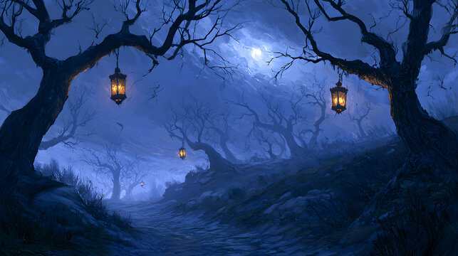 Halloween wallpaper, dark forest path lit by lanterns on a windswept hilltop, sinister twilight atmosphere, midnight blue and silver palette, dark fantasy art style, ultra detailed