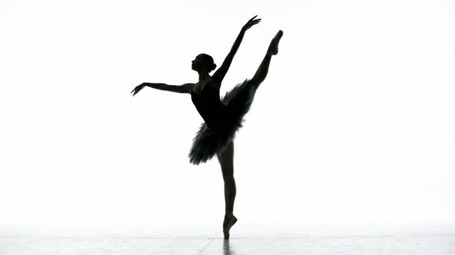 Silhouette of ballerina dancing in skirt on stage against bright background