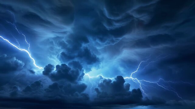 Electric lightning strikes through dramatic stormy clouds during a powerful night thunderstorm