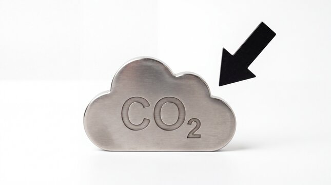 Metallic carbon dioxide cloud icon with black arrow pointing down isolated on white background