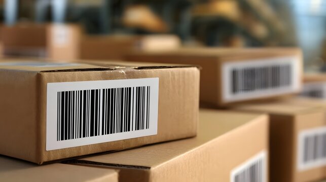 Close up of cardboard boxes with barcode labels in a warehouse setting  showing organized inventory and shipping prepa n