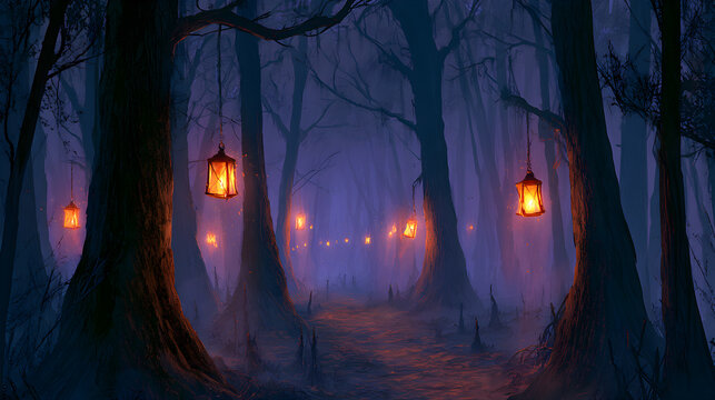 Halloween wallpaper, dark forest path lit by lanterns in a dense fog-covered swamp, quietly unsettling mood, classic Halloween orange black purple palette