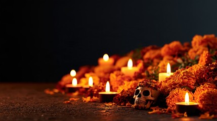 Fototapeta premium Marigold flowers and candles arranged for memorial with floral skull accent